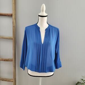 Willi Smith Blue Sheer Pleated V Neckline Top M